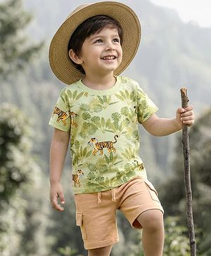 Babyhug Single Jersey Knit Half Sleeves T-Shirt & Shorts Set With Tiger Print - Multicolor