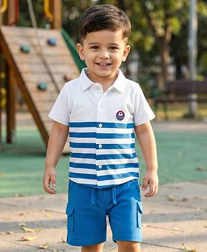 Babyhug Single Jersey Knit Half Sleeves Striped Shirt & Shorts Set - Blue