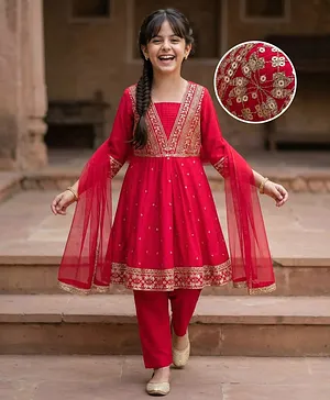 Pine Kids Woven Three Fourth Sleeves
                              Kurti Churidar Set With Floral Embroidery
                              & Dupatta - Fuchsia