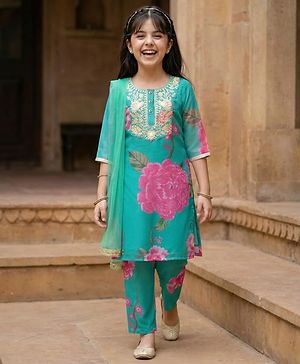 Pine Kids Woven Full Sleeves Floral Printed & Embroidered Kurti & Chudidar Set With Dupatta - Sea Green