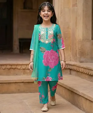 Pine Kids Woven Full Sleeves Floral
                              Printed & Embroidered Kurti &
                              Chudidar Set With Dupatta - Sea Green