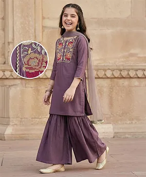 Pine Kids Woven Full Sleeves Kurti
                              Gharara Set with Dupatta & Floral
                              Embroidery - Purple