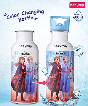 Babyhug Disney Frozen Theme Stainless Steel Color Changing Magic Bottle Multicolor - 600ml| Leak Resistant| BPA Free| Rust Proof| Food Grade 304 SS| Soft Silicone Spout