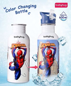 Babyhug Marvel SpiderMan Theme Stainless Steel Color Changing Magic Bottle Multicolor - 600ml| Leak Resistant| BPA Free| Rust Proof| Food Grade 304 SS| Soft Silicone Spout