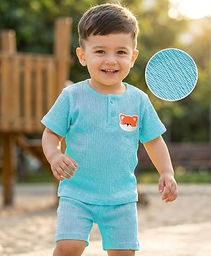 Babyhug 100% Cotton Knit Half Sleeves Fox Embroidered T-Shirt With Short Set - Light Blue