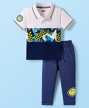 Babyhug Single Jersey Knit Half Sleeves Cut & Sew Polo T-Shirt & Lounge Pant Set with Smiley Print - Navy Blue