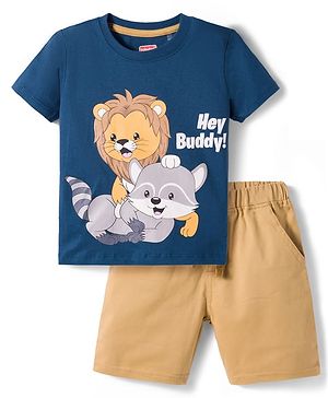 Babyhug Single Jersey Knit Half Sleeves T-Shirt & Woven Shorts Set With Animal Print - Blue & Beige