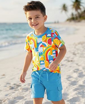 Babyhug Single Jersey Knit Half Sleeves T-Shirt & Shorts Set With Tropical Print - Multicolor