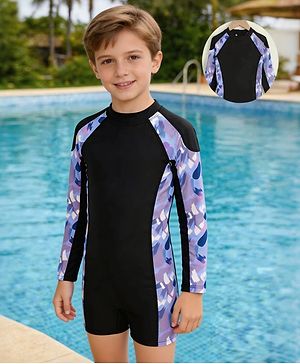 Pine Kids Full Raglan Sleeves Printed Legged Swimsuit - Black