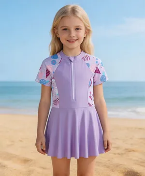 Mark & Mia Raglan Half Sleeves Ice Cream
                      Printed Frock Swimsuit - Purple