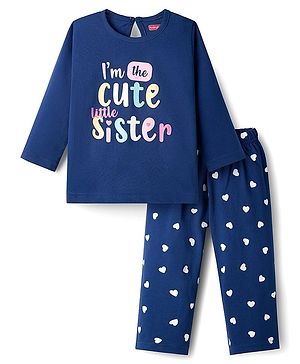 Babyhug Cotton Knit Full Sleeves T-Shirt & Pajama Night Suit With Heart Print - Navy Blue