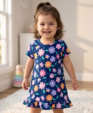 Babyhug Cotton Knit Half Sleeves Nighty With Floral Print - Navy Blue