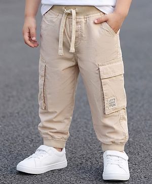 Babyhug Poplin Cotton Woven Full Length Solid Colour Trouser Pants with Patch & Cargo Pockets - Beige
