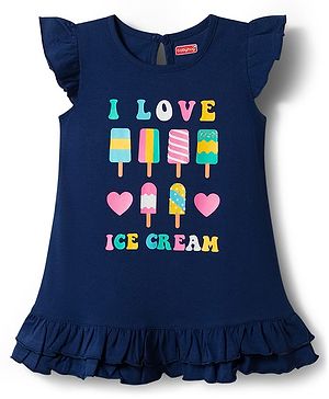 Babyhug Single Jersey Cotton Knit Frill Sleeves Ice Cream Printed Nighty - Navy Blue
