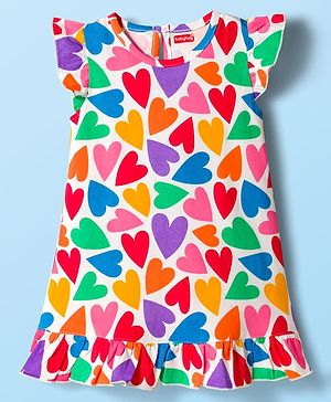 Babyhug Cotton Knit Frill Sleeves Nighty With Heart Print - Multicolour