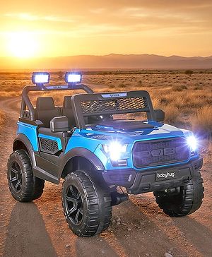 Babyhug POBO Battery Operated Ride on Jeep with Music & LED Lights - Blue| Rechargeable Battery| Openable Doors| Built-in Music & AUX|Remote Control|Easy to Assemble| Forward Reverse & Swing Function