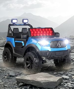 Babyhug Battery Operated Ride on Jeep with LED Lights -Blue| Rechargeable Battery| Openable Doors| Built-in Music & AUX| Remote Control| Easy to Assemble| Forward Reverse & Swing| Indoor Outdoor Toy