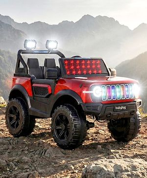 Babyhug Battery Operated Ride on Jeep with LED Lights -Red| Rechargeable Battery| Openable Doors| Built-in Music & AUX| Remote Control| Easy to Assemble| Forward Reverse & Swing| Indoor Outdoor Toy