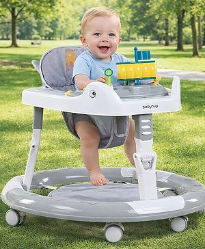 Babyhug 360° Musical Baby Walker with Lights  Grey| 3-Level Height Adjustment| Detachable Play & Feeding Tray| Compact Fold| Smooth Swivel Wheels| Cushioned Seat| 624 Months| Removable Foot Mat