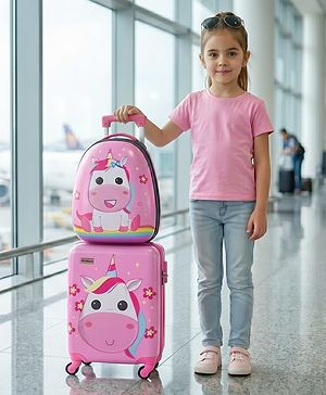 Babyhug Kids Travel Trolley Suitcase 18 inch with Wheels & Backpack 15 inch Set Shock-Resistant Shell Telescopic Handle Water-Resistant| Smooth Wheels Lightweight Carry-On Easy Zipper Closure - Pink