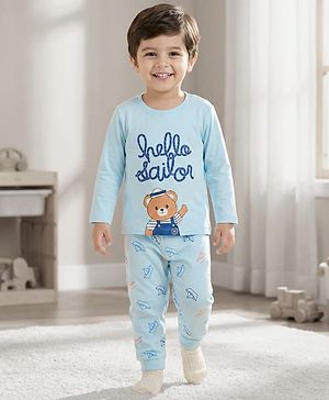 Babyhug Cotton Knit Full Sleeves Night Suit With Bear Print - Light Blue