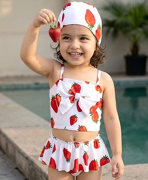 Babyhug Sleeveless Strawberry Printed Two Piece Swimsuit With Cap - Red