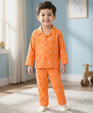 Babyhug Cotton Knit Full Sleeves Co-ords Shirt & Pajama Night Suit with Ice Cream Print - Orange