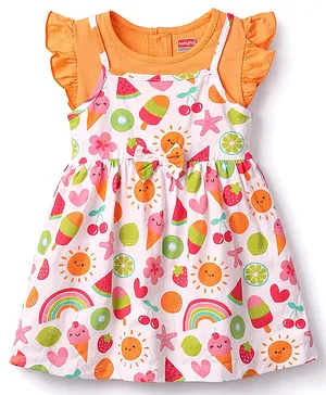 Babyhug Cotton Knit Frill Sleeves
                                  Tropical Theme Printed Frock with
                                  Inner Tee & Bow Applique -
                                  Multicolor