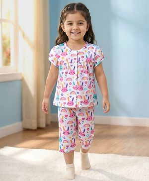 Babyhug Cotton Knit Half Sleeves Co-ords Capri Night Suit With Floral Print - Pink & White