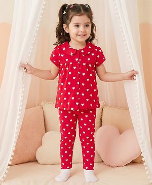 Babyhug Cotton Knit Half Sleeves Shirt & Pyjama Co-ord Night Suit With Heart Print - Red