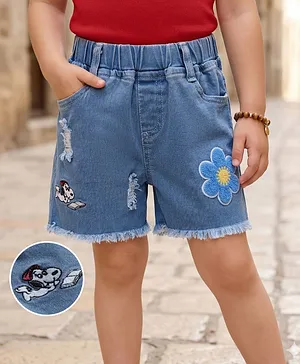 Mark & Mia Cotton Lycra Denim
                              Shorts with Puppy Embroidery & Floral
                              Badge - Blue