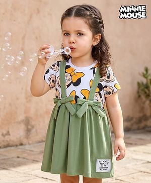 Babyhug Disney Single Jersey Knit Half Sleeves Frock with Minnie Mouse Graphic - Green & White