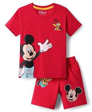 Babyhug Disney Single Jersey Knit Half Sleeves T-Shirt & Shorts Set with Mickey Mouse Graphic & Pocket Detailing - Red