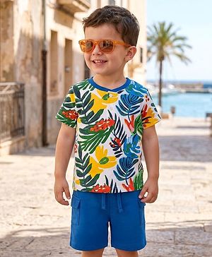 Babyhug Single Jersey Knit Half Sleeves T-Shirt & Shorts Set with Leaf Print - Blue