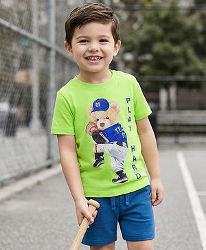 Babyhug Single Jersey Knit Half Sleeves T-Shirt & Shorts Set with Bear Print - Limegreen & Navy Blue