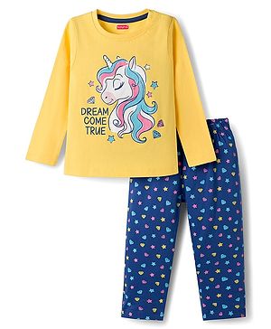 Babyhug Cotton Knit Full Sleeves Co-ord Night Suit With Unicorn Print - Yellow