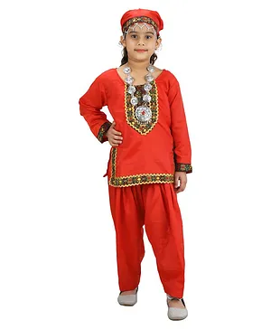 BookMyCostume Printed Full Sleeves Kashmiri Fancy Dress Costume - Red
