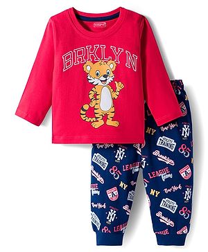 Babyhug Cotton Knit Full Sleeves Night Suit With Tiger Print - Red