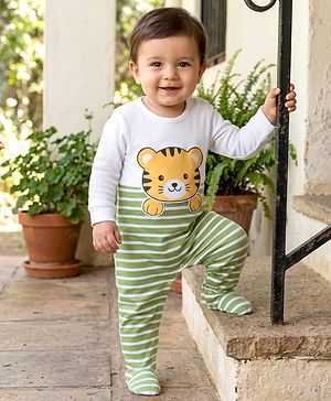 Babyhug Cotton Knit Full Sleeves Striped & Tiger Printed Sleepsuit - White & Green