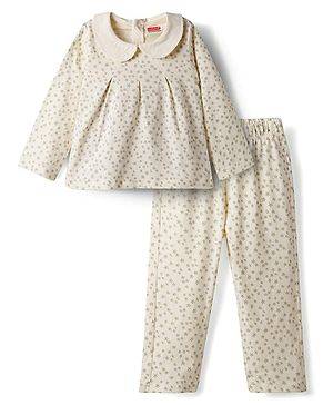 Babyhug Cotton Knit Full Sleeves Top & Pyjama Co-ord Night Suit With Star Print - Light Yellow