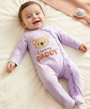 Babyhug Cotton Knit Full Sleeves Footed Sleep Suit with I Love Daddy Print & Stripe - Lavender