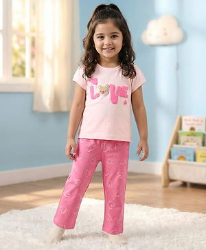 Babyhug Cotton Knit Half Sleeves Night Suit With Love Print - Pink
