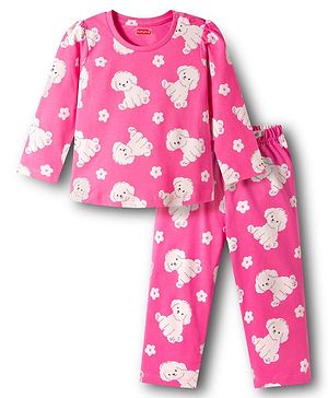 Babyhug Cotton Knit Full Sleeves T-Shirt & Pajama Co-ords Night Suit with Puppy Print - Pink