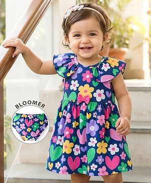 Babyhug 100% Cotton Knit Sleeveless Floral Printed Frock With Bloomer - Multicolour