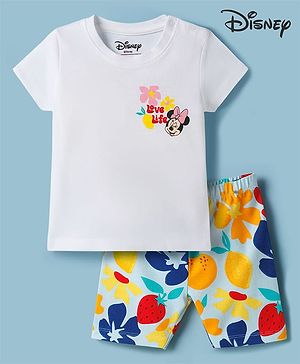 Babyhug Disney Single Jersey Knit Half Sleeves T-Shirt & Shorts Set with Minnie Mouse Graphic - White