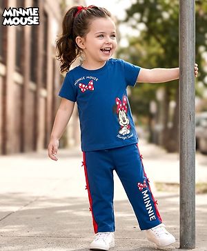 Babyhug Disney 100% Cotton Knit Half Sleeves T-Shirt & Pant Set With Minnie Mouse Graphics - Navy Blue