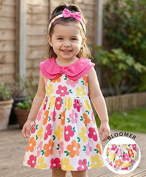 Babyhug Single Jersey Knit Sleeveless Floral Printed Frock with Bloomer & Headband - Multicolor