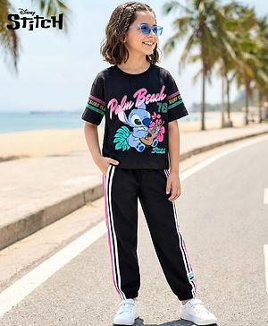 PINE KIDS DISNEY 100% Cotton Knit Half Sleeves T-Shirt & Pant Set With Stitch Graphics - Black