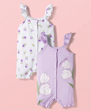 Babyoye Eco Conscious Interlock Knit
                              Frill Sleeves Rompers with Floral Print
                              Pack of 2 - Lavender & White
