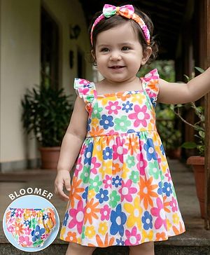 Babyhug 100% Cotton Knit Sleeveless Floral Printed Frock With Bloomer & Headband - Multicolour